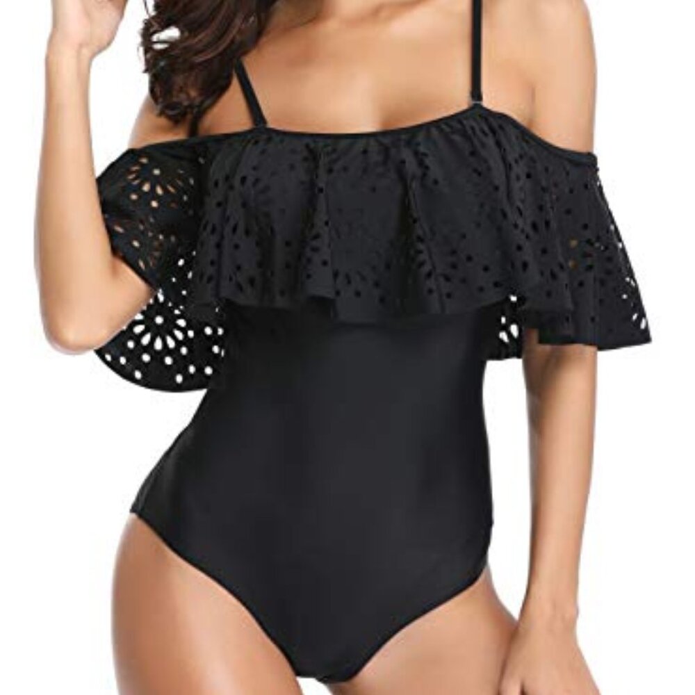 Tempt Me Women One Piece Off Shoulder Lace Swimsuits Ruffle Flounce Hollow